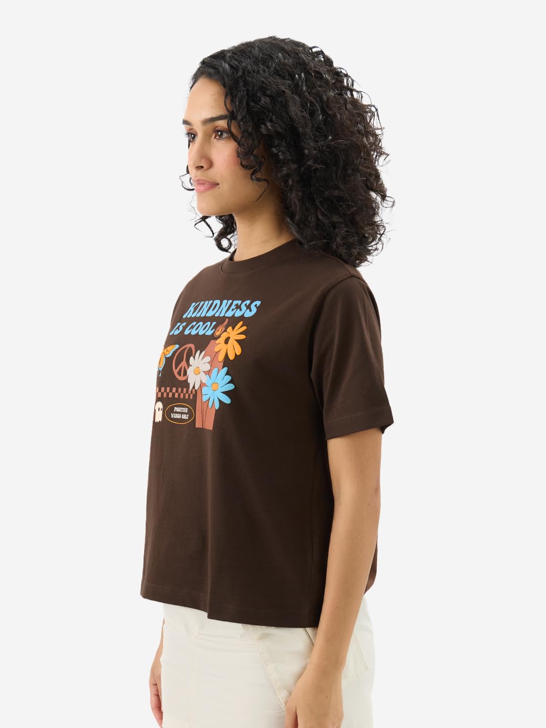 The Souled Store Originals: Kindness is Cool 100% Cotton Women & Girls Short Sleeve Round Crew Neck Brown Graphic Printed Regular Fit T-Shirts