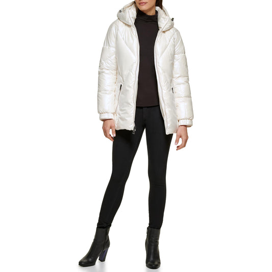 GUESS Women's Hooded Belted Water Resistant Coat, White, S