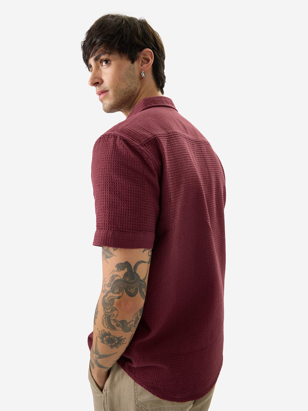 The Souled Store Solids: Burgundy Men and Boys Short Sleeve Collared Neck Button Front Cotton Relaxed Fit Shirts