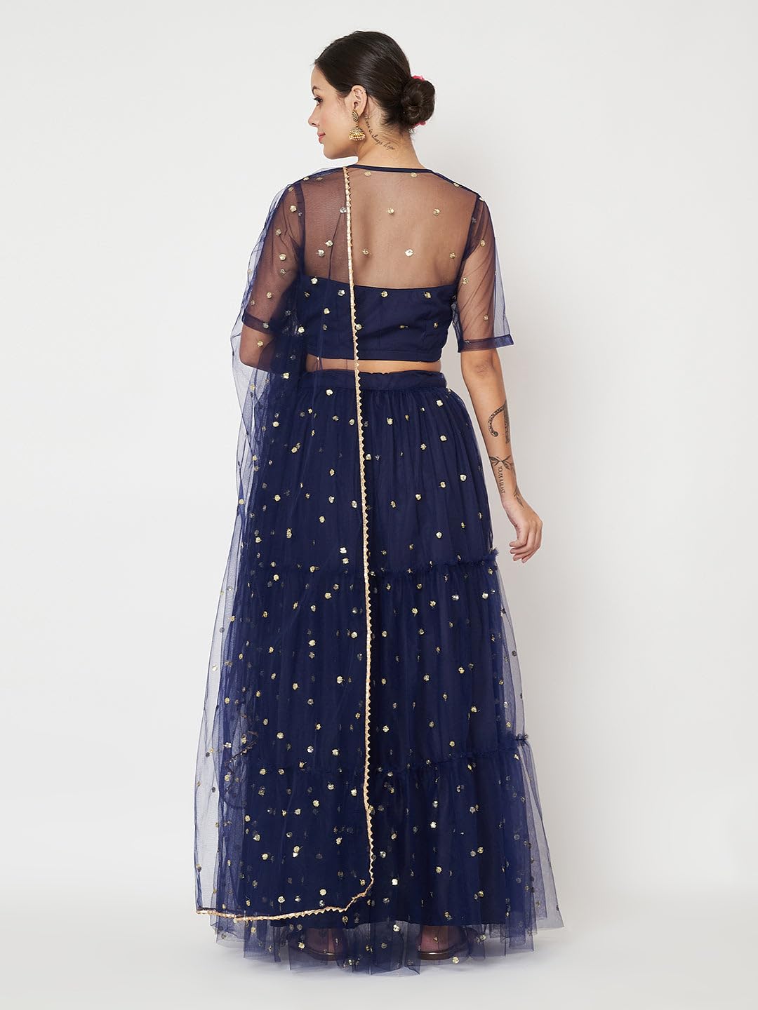 studio rasa Women's Net Sequin Embroidered Tiered Lehenga Set for Wedding Festive Party (LHSC52402XL_Navy_X-Large)