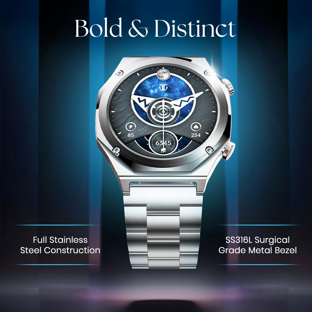 Titan Maestro 1.47" Zero Lag AMOLED Smart Watch for Man with SS316L Stainless Steel, BT Calling, 60Hz Refresh Rate, Health Tracking,10 Days Battery,Water & Dust Resistant, Extra Silicon Strap (Silver)