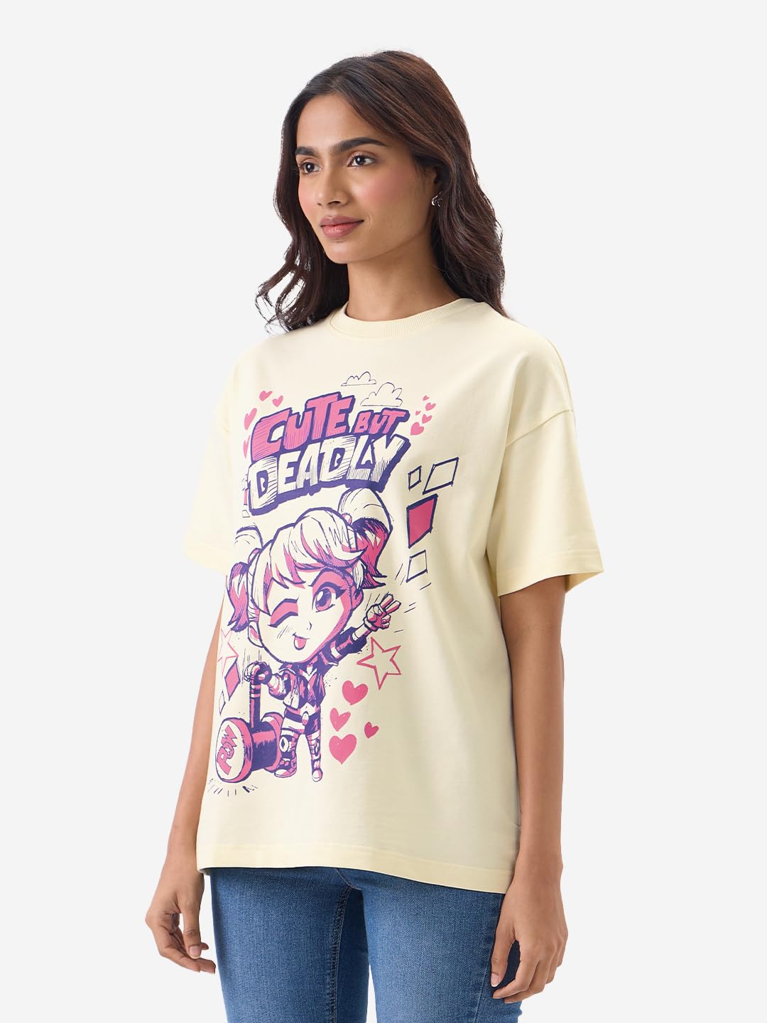 The Souled Store Official DC: Cute But Deadly Women and Girls Short Sleeve Round Neck Yellow Graphic Printed Cotton Oversized T-Shirts