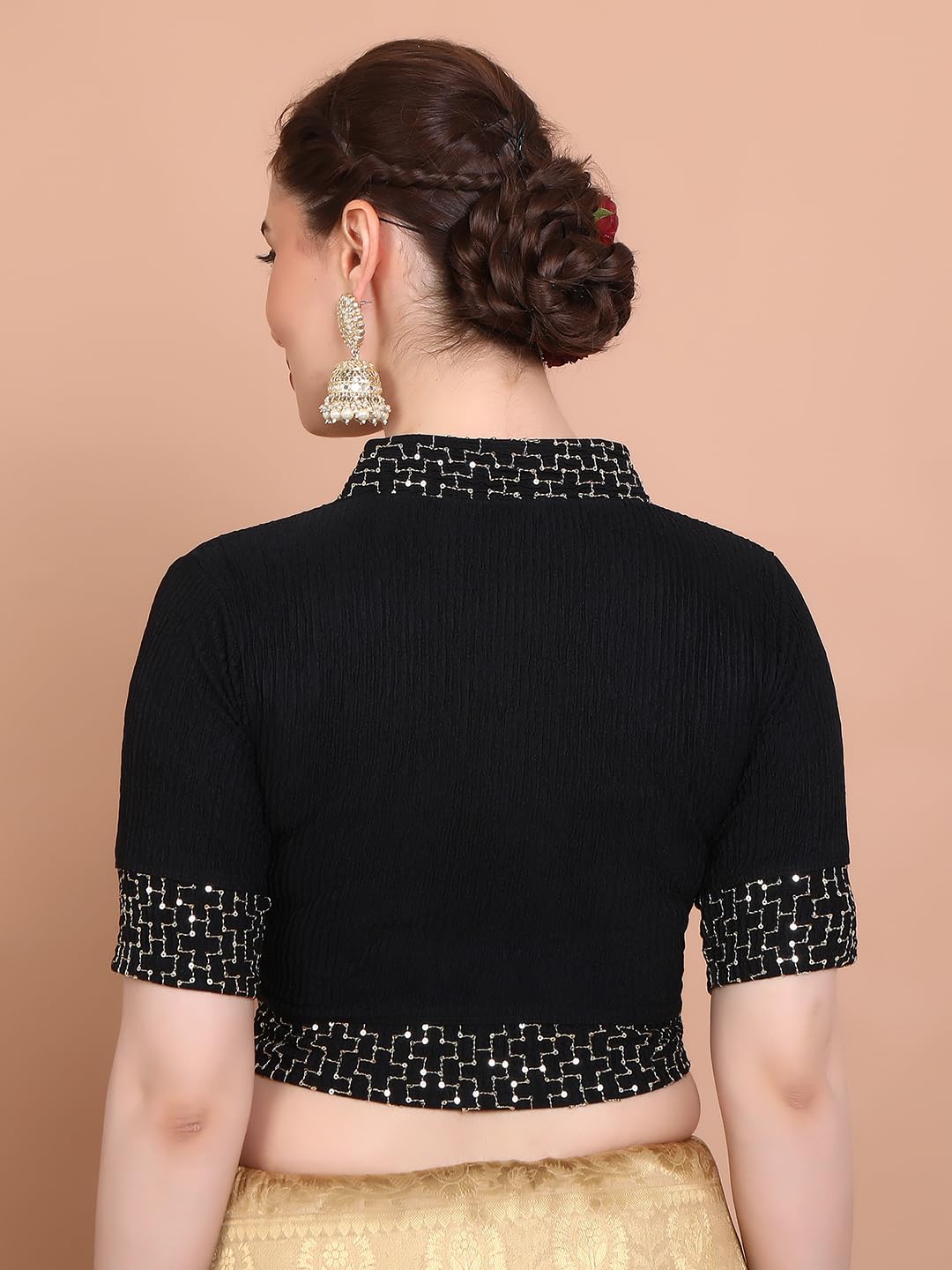 S SALWAR STUDIO Black Lycra Stretchable V Neck Non Padded Readymade Saree Blouse