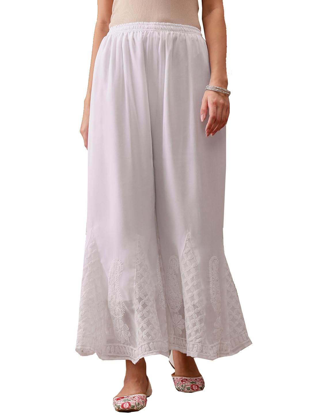 Ada Lucknowi Hand Embroidery Chikankari White Faux Georgette Flared Mid Rise Palazzo for Women A711166 (2XL)