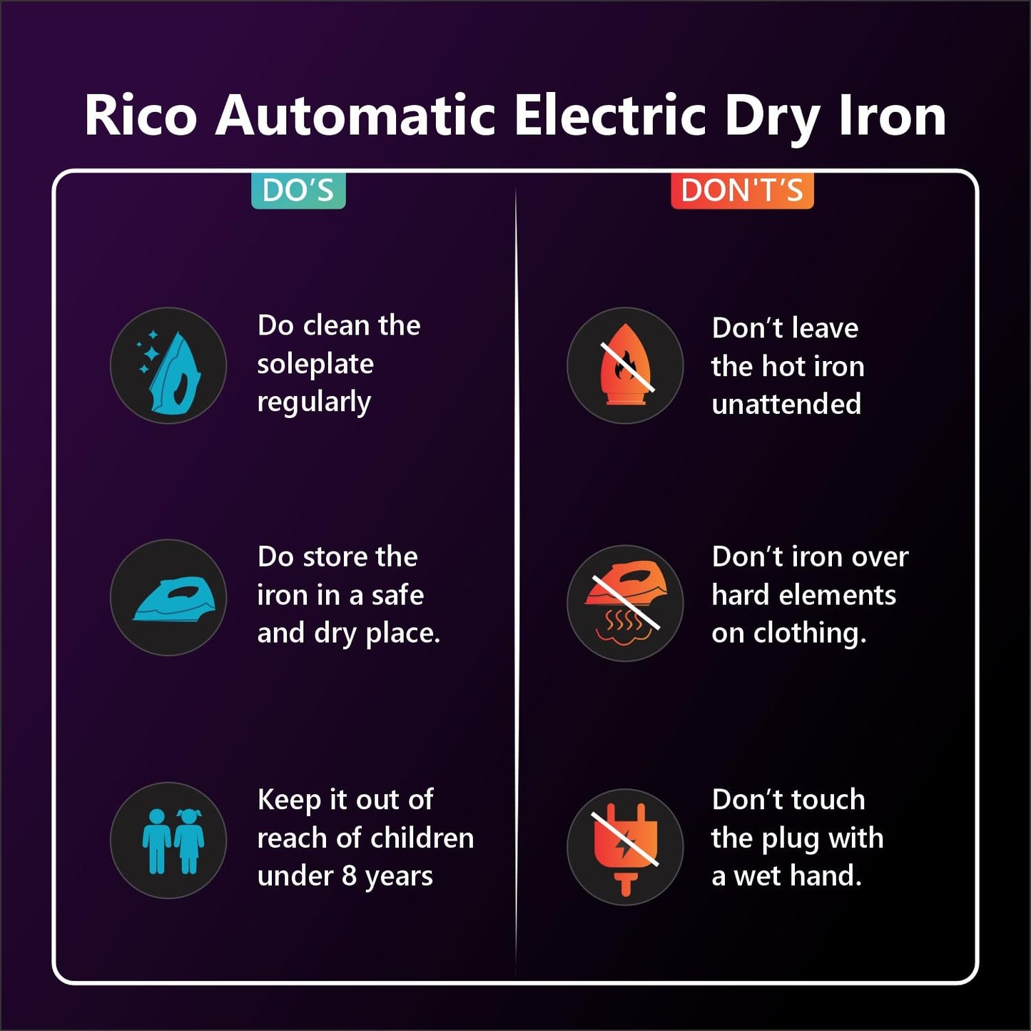 Rico 1000W 1.5KG Heavy Weight Dry Iron With 2 Years Replacement Warranty | Japanese Quick Heat Technology with Advance Sole Plate Iron Press | Shock Proof Iron Box for Clothes | Made In India - AI11