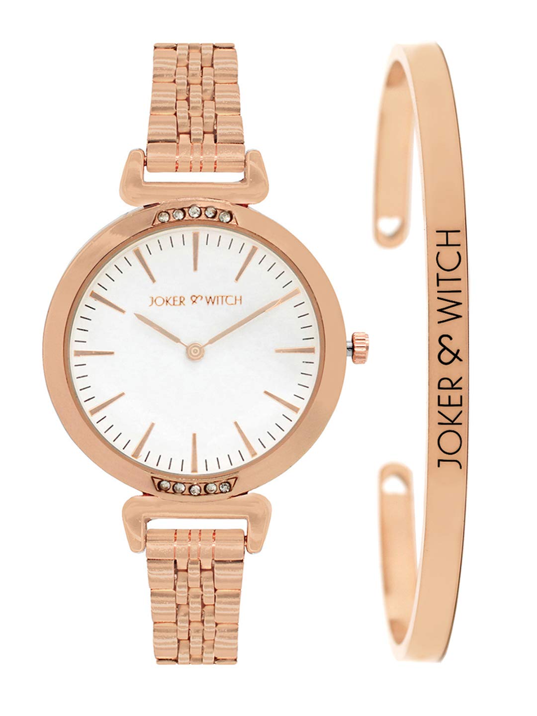 Joker & Witch Stainless Steel French Rose Analogue Watch Bracelet Stack For Women, White Dial, Rose Gold Band