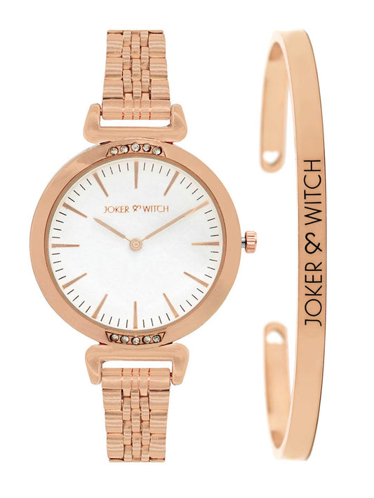 Joker & Witch Stainless Steel French Rose Analogue Watch Bracelet Stack For Women, White Dial, Rose Gold Band