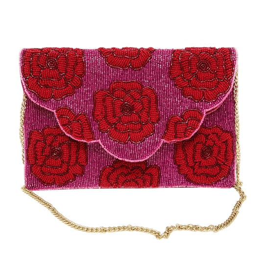 MFU-MADE FOR YOU Handmade Beaded Clutch Wallet for Women (Pack of 1) | Pink Rose Floral Embroidered Party Purse | Multicolored Gift Bag | Traditional Designer Clutch for Her