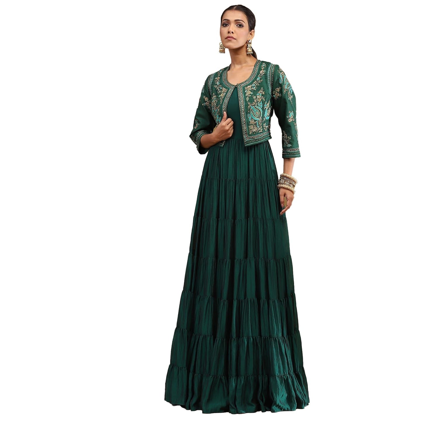 BIBA Emerald Green Silk Festive Tiered Anarkali Dress