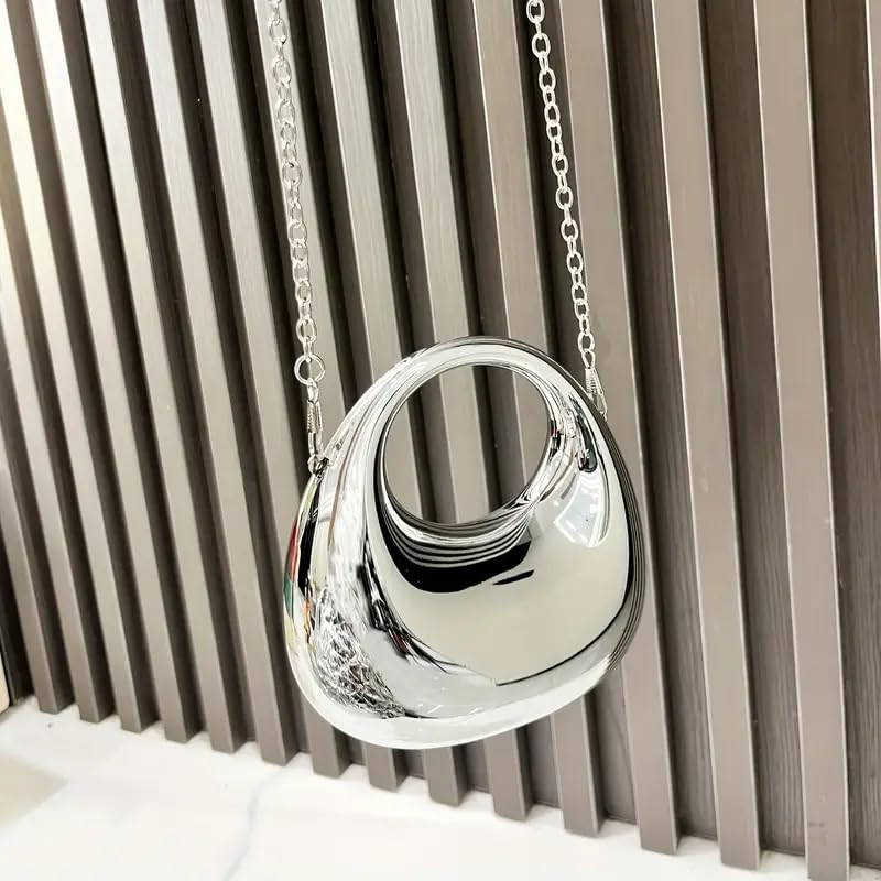 DOSYSO Women and Girls Moon Clutch Purse Acrylic Evening Handbag Crossbody Sling Bags With Detachable Chain Strap Glossy Stylish Latest Small Size Cute Wallet Party Wedding Gift Item (Glossy Silver)