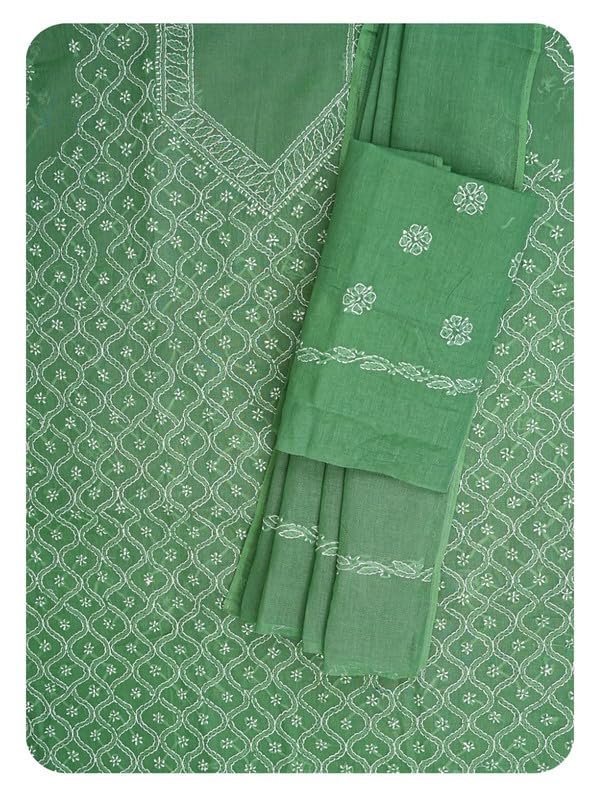 Ada Hand Embroidered Lucknowi Chikankari Unstitched Cotton Dress Material Suit Piece with Dupatta for Women 01A882364 Forest Green