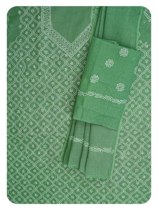 Ada Hand Embroidered Lucknowi Chikankari Unstitched Cotton Dress Material Suit Piece with Dupatta for Women 01A882364 Forest Green
