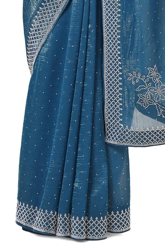 Soch Womens Blue Embellished Organza Saree With Stone Work