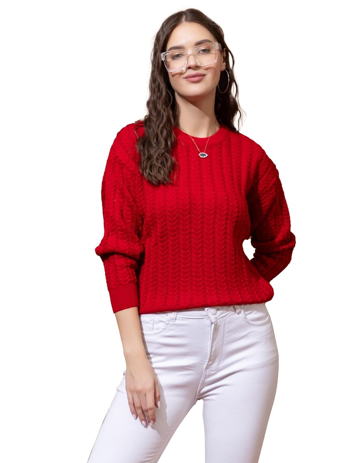 Style Dusk Women's Full Sleeves Round Neck Cable Design Pure Woolen Pullover Sweater for Winter Season (in, Alpha, 2XL, Red)
