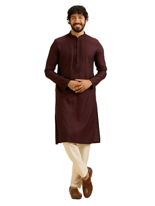 Manyavar Men's Viscose Blend Neck Embroidery Kurta Set (Wine,XL)
