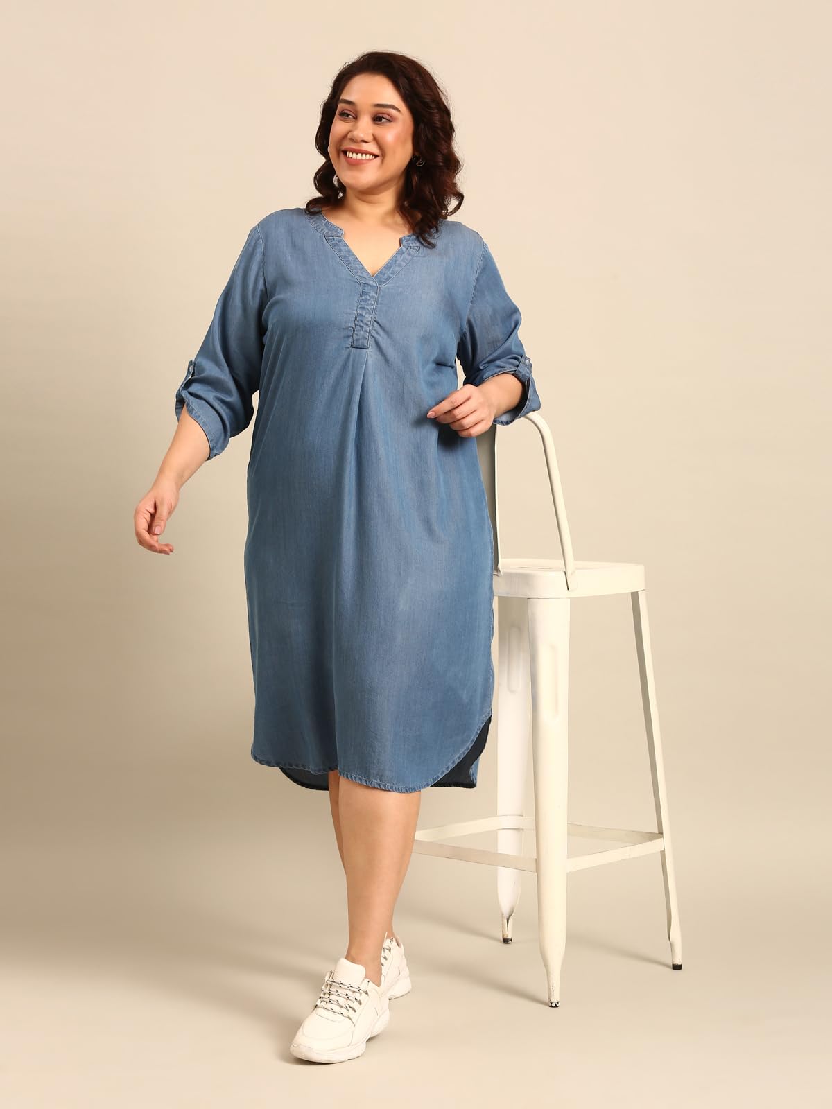 The Pink Moon Women's Midi A-Line Plus Size Denim Dress - (DRS_NIM18_Tencel_Blue_3XL)