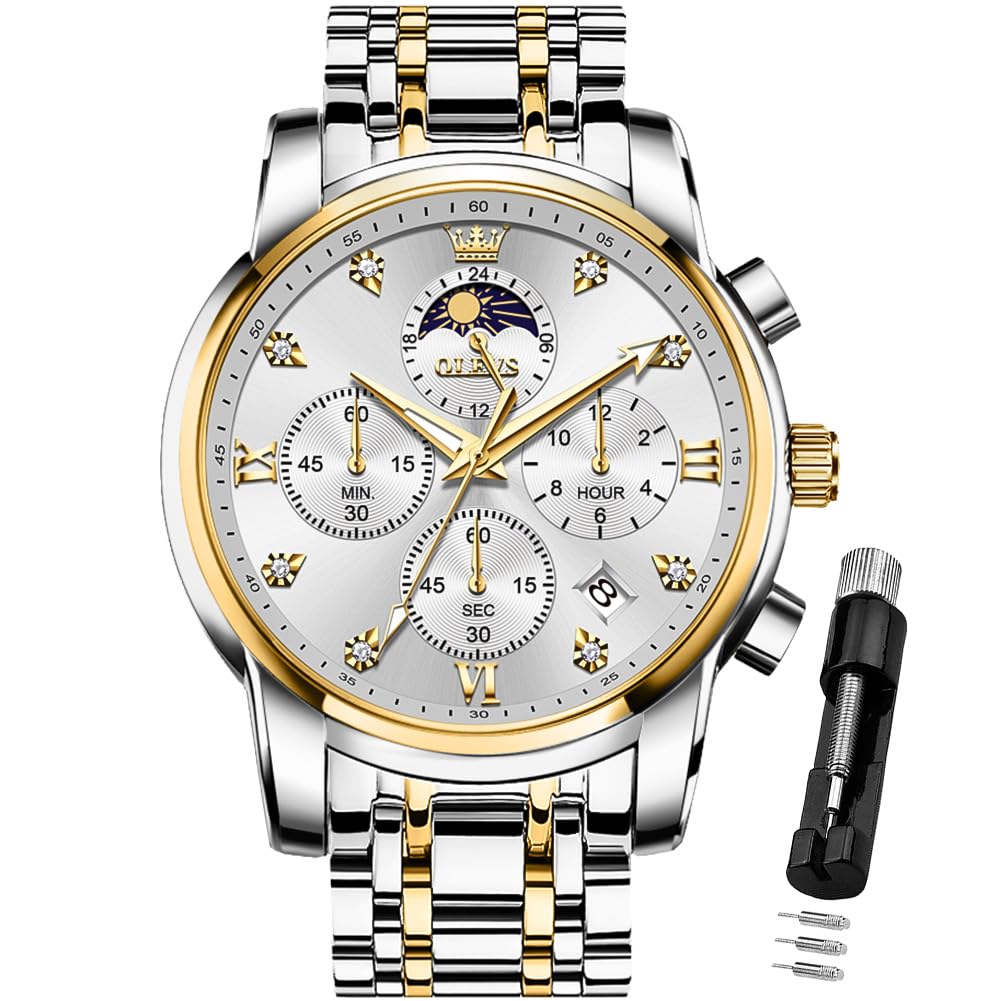 OLEVS Watch for Men Diamond Business Dress Analog Quartz Stainless Steel Waterproof Luminous Date Two Tone Luxury Casual Wrist Watch, Silver watches gold 3655, men watch