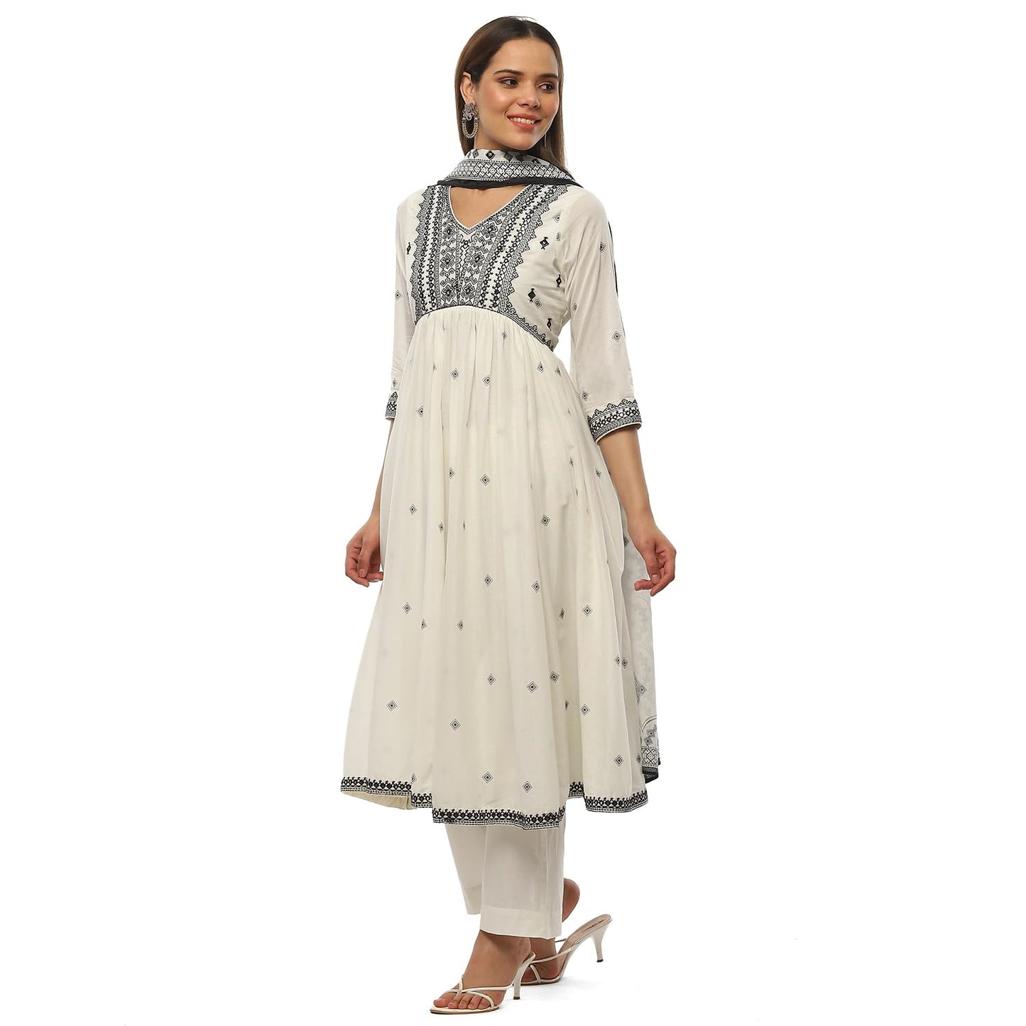 BIBA Women EMBROIDERY GATHERED SALWAR KURTA DUPATTA(SKDBLACK & WHITE9429_OFF WHITE_42)