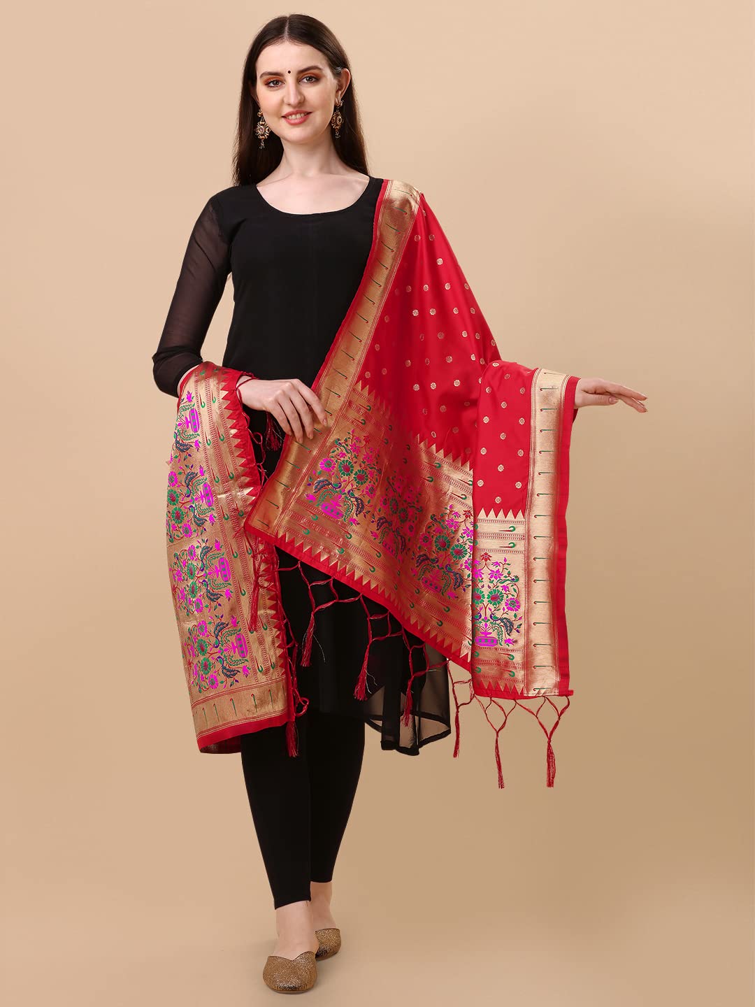DEVANGI Women's Woven Paithani Banarasi Silk Dupatta/Chunni For Women, Animal Print 1 Meter Wide and 2.3 Meter Length Printed Designer Dupatta/Chunni For Girls (Red)