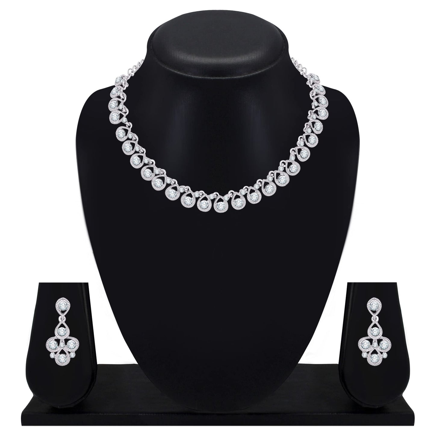 Atasi International White Diamond/Stones Silver Plated Alloy Necklace Set with Earrings for Women | Stylish Jewellery for Party, Wedding and Festive Occasions | Fashion Accessories
