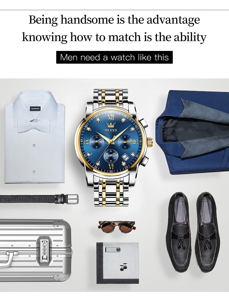 OLEVS Men's Business Watch With Date, Luminous Quartz Movement, Waterproof Stainless Steel Strap, Stopwatch Timing Function - Silver Band, Gold Case, Blue Dial, Classic