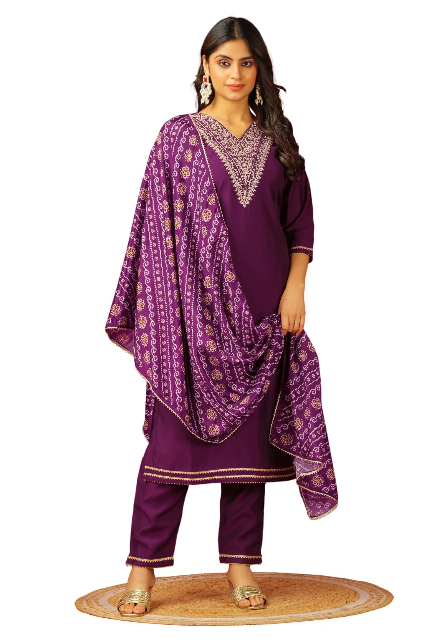 GALGOTO Women's Viscose Silk V Neck Embroidery Work Kurta with Bandhani Print Dupatta (in, Alpha, 2XL, Regular, Wine-1)