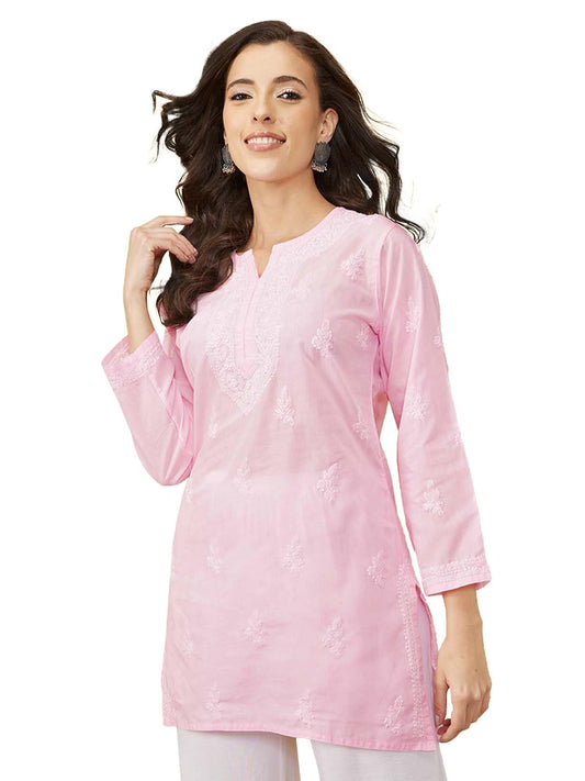 Ada Women's Cotton Top Tunic Hand Embroidered Lucknowi Chikankari Short Kurti A911262 Pink (M)