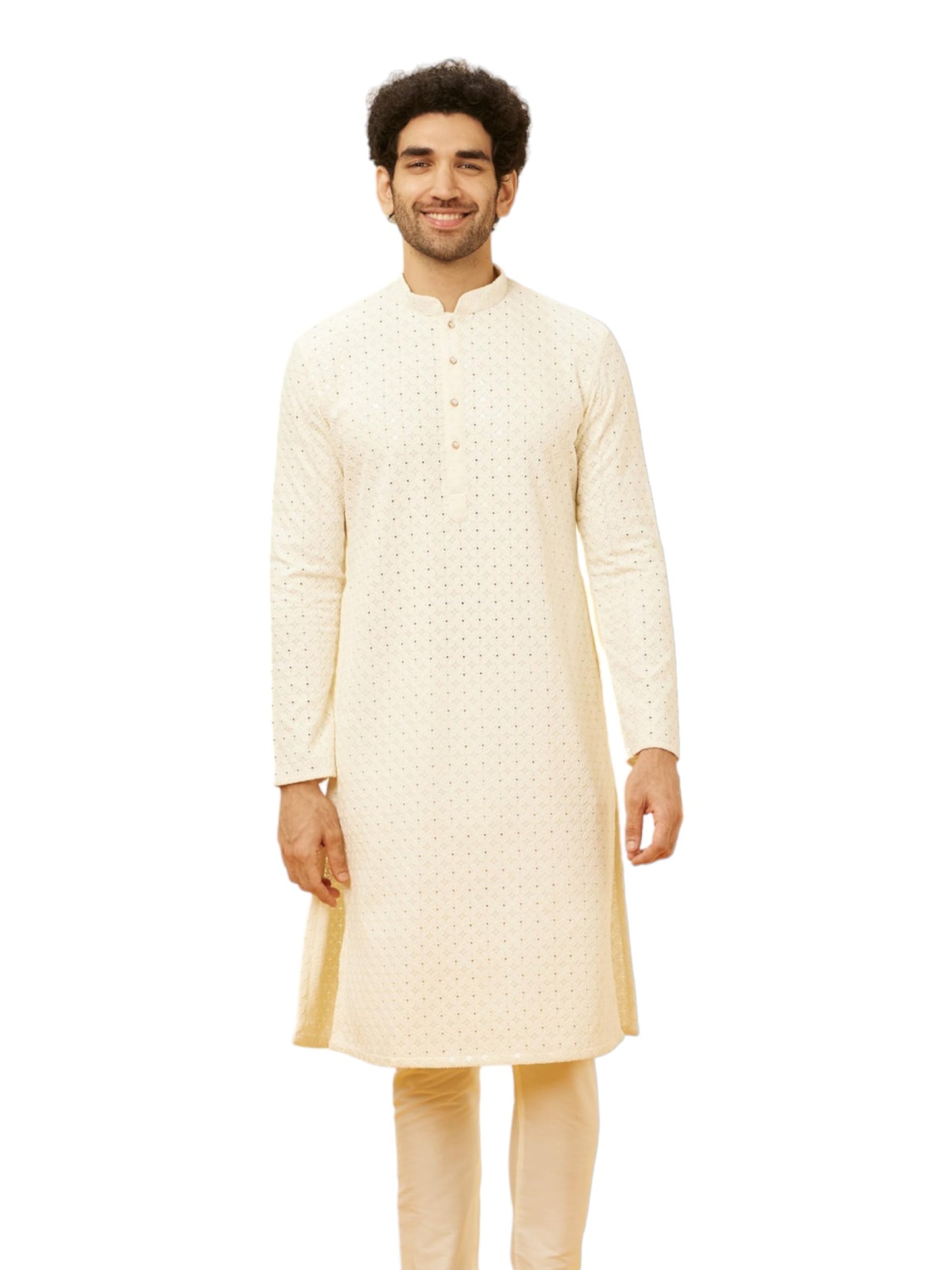 Manyavar Mens Cream Viscose Kurta Pyjama Set