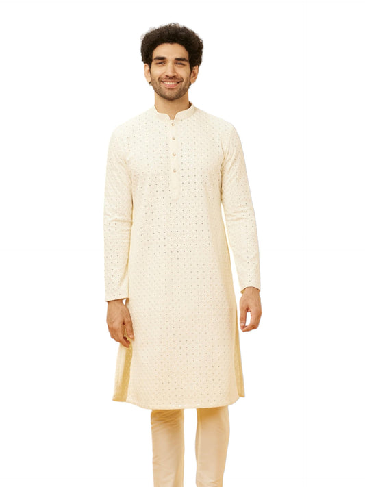Manyavar Mens Cream Viscose Kurta Pyjama Set