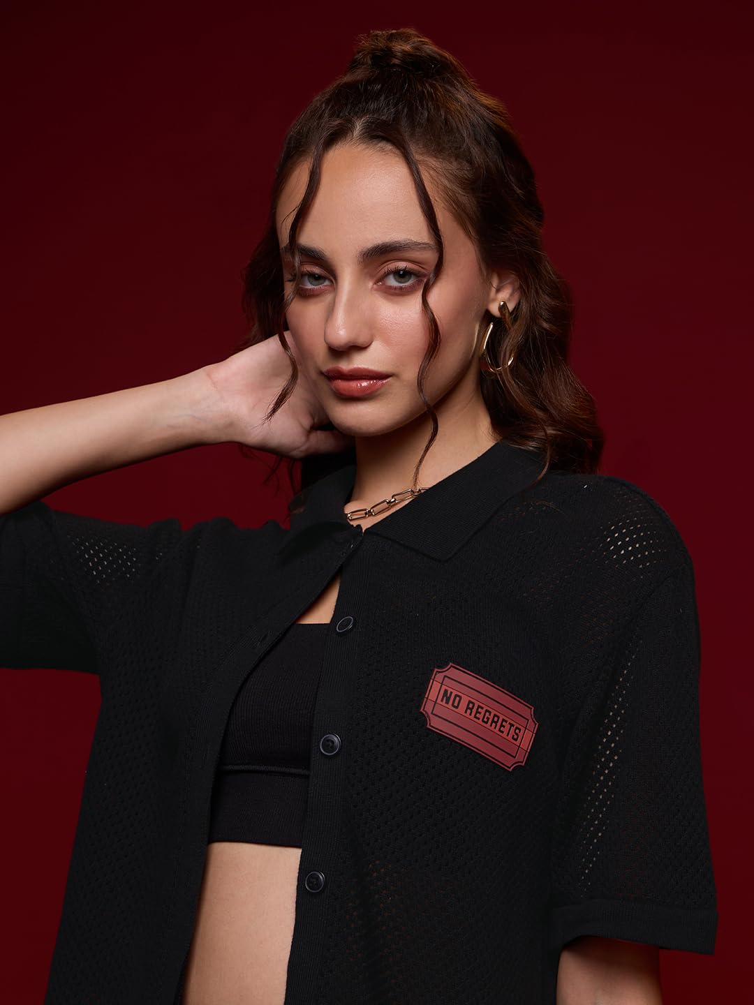 The Souled Store Open Knit: No Regrets Women and Girls Short Sleeves Collared Typography Printed Cotton Relaxed Fit Lightweight Summer-Ready Casual Streetwear Shirts