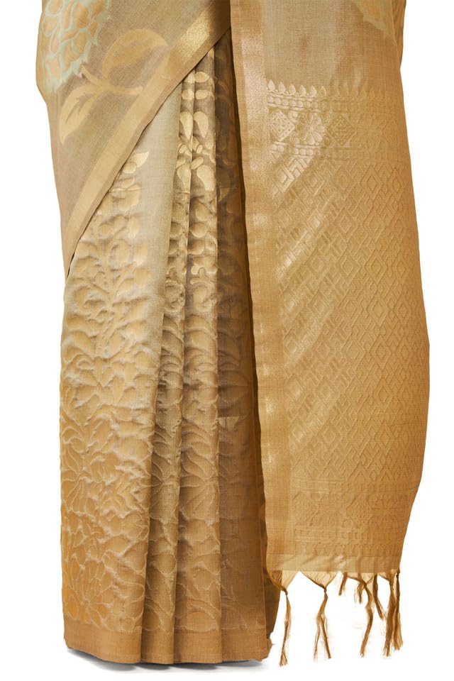 Soch Womens Beige Tussar Silk Saree With Zari Woven Floral And Foliage Designs