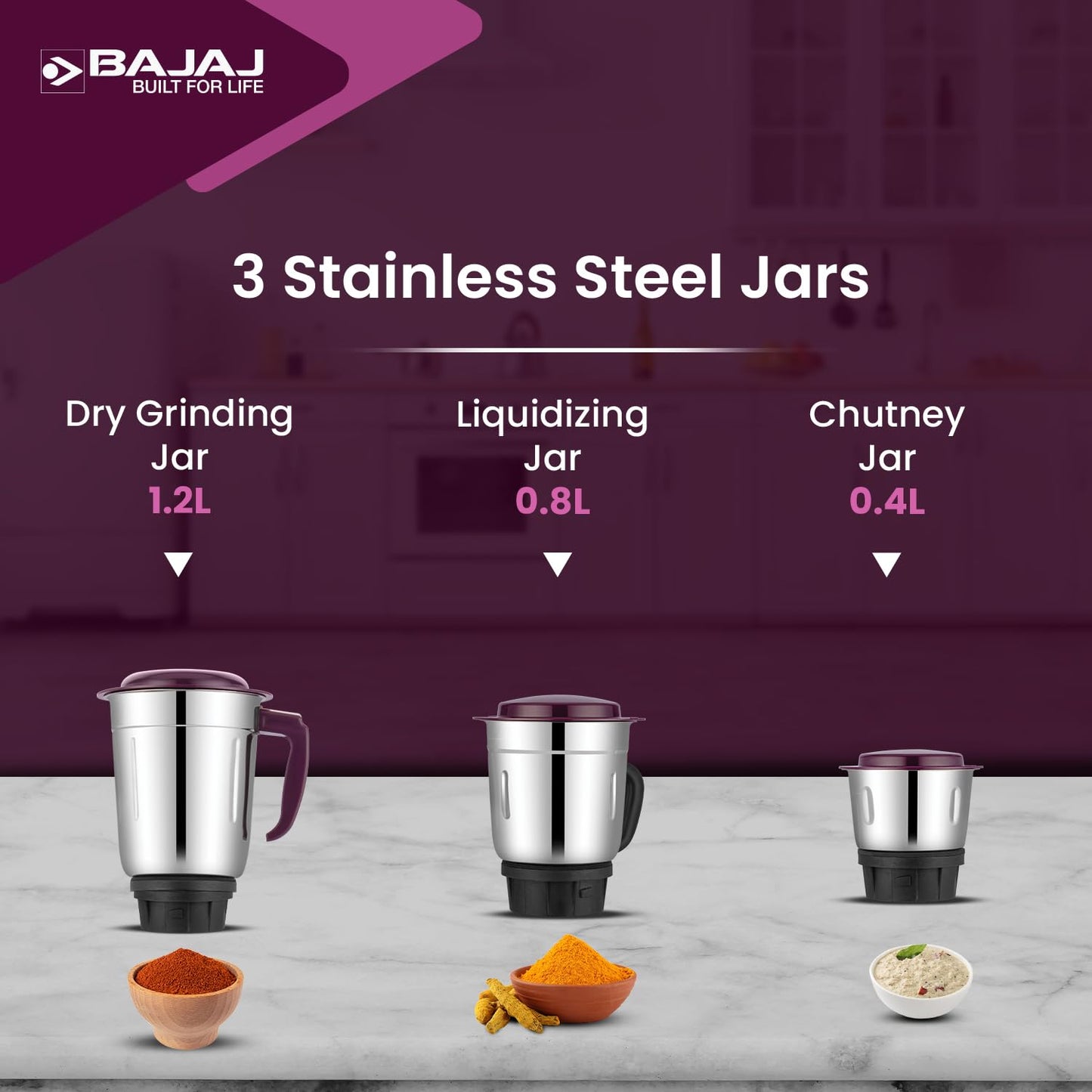 Bajaj Rex Mixer Grinder 500W | Mixie For Kitchen With Nutri-Pro Features | 3 SS Mixer Jars For Heavy Duty Grinding | Adjustable Speed Control | Multifunctional Blade System | 2 Yr Warranty【Purple】