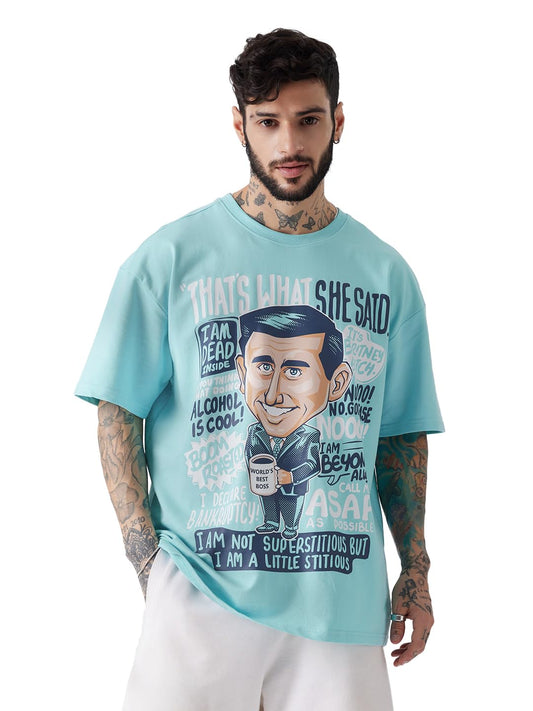 The Souled Store Official The Office: Michael Scott Men and Boys Oversized fit Graphic Printed Half Sleeve Cotton Sky Blue Color Men Oversized T-Shirts