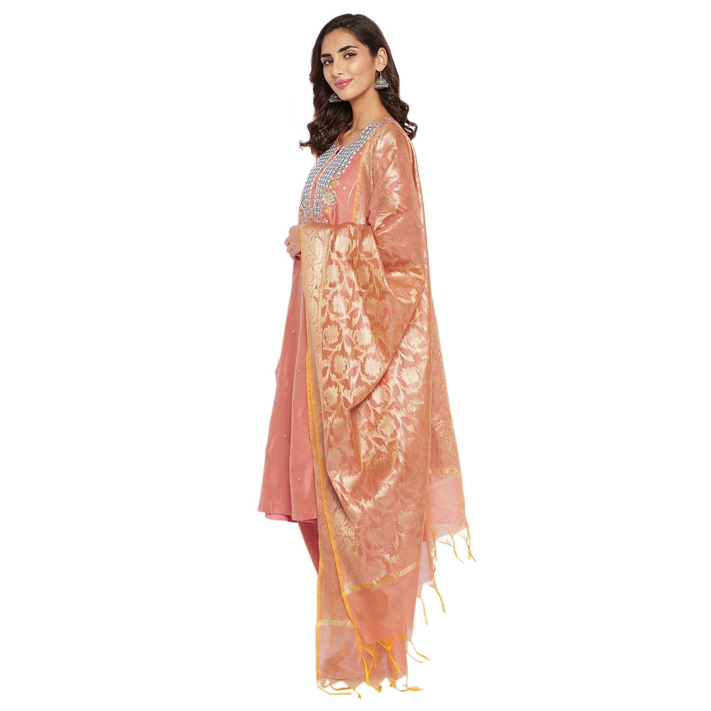 Rangavali Peach Cotton Silk Festive Anarkali Suit Set With Dupatta | Readymade Kurti Pant Set | Embroidery Krta For Women | 3 Pcs Set | XS, 30