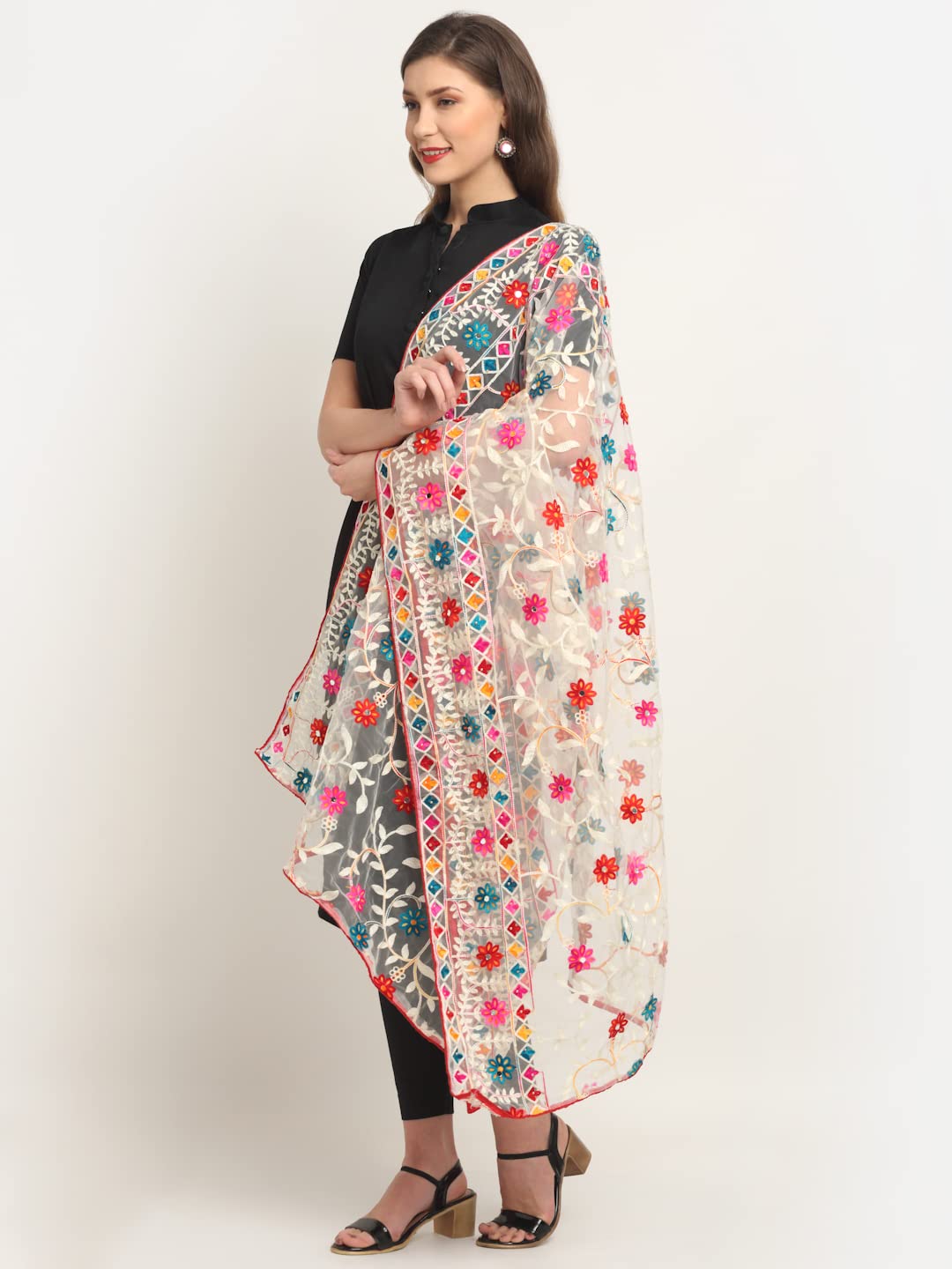Shasmi Women's Heavy White Colour Net Embroidered Fancy phulkari work Dupatta for women (White)
