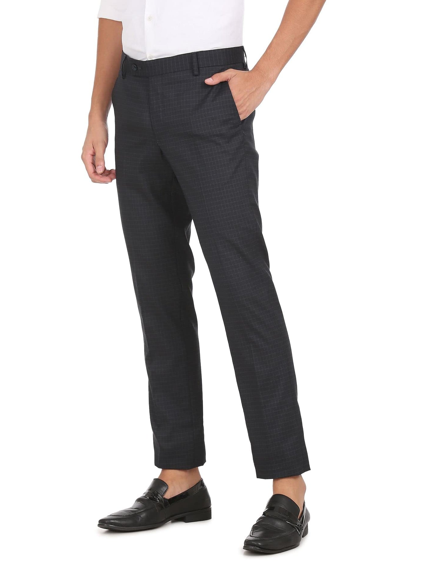 Arrow Men's Checkered Tailored Fit Polyester Formal Trouser Navy