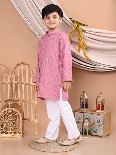 superminis Boy's Rayon Kurta with Mirror Embroidery and Pyjama with Elastic Closure (8-9 Years, Pink)