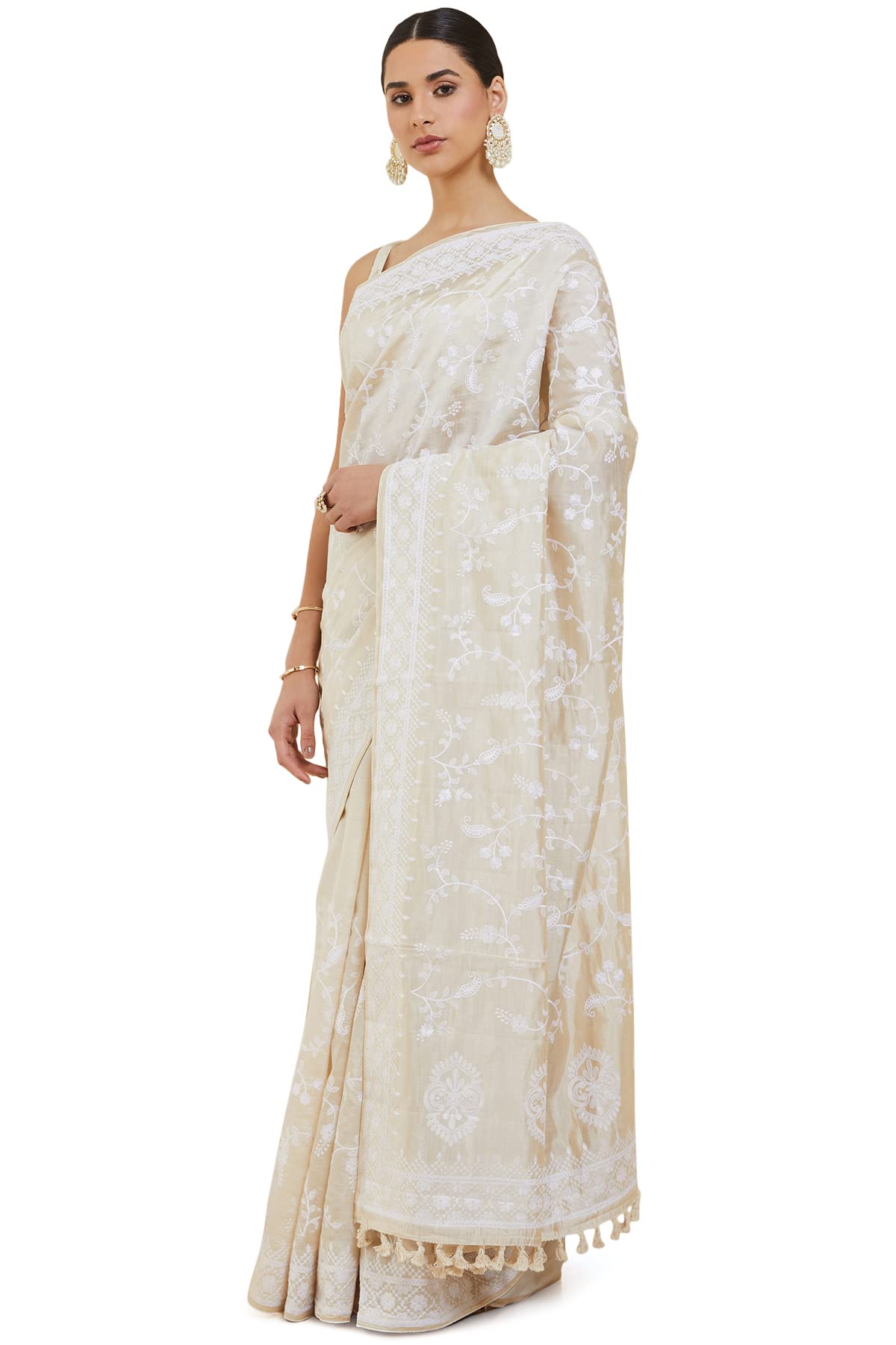 Soch Women Off-White Tussar Floral Saree With Attached Blouse