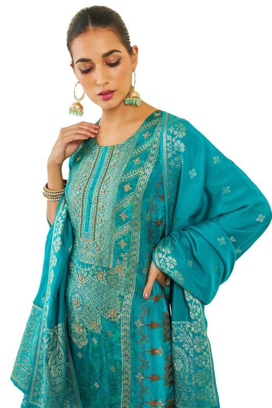Soch Womens Turquoise Blue Brocade Blend Suit Set with Floral Print and Hand Embroidery