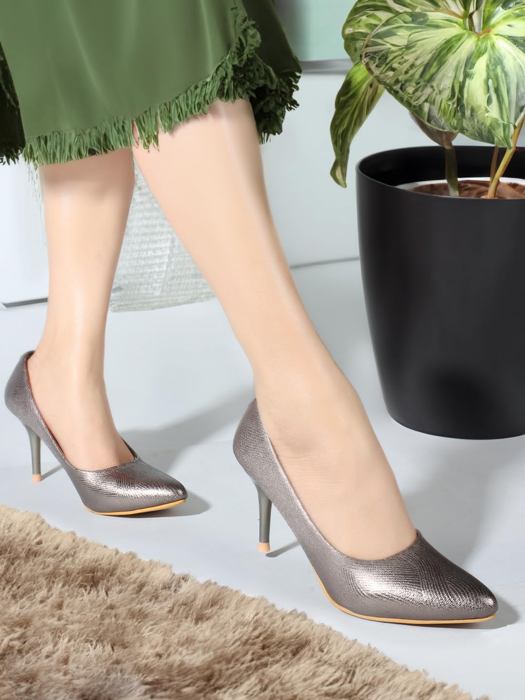 Carlton London Women Grey Stylish Slip-on Pump Shoes with Stiletto Heels, Pointed Toe (37)