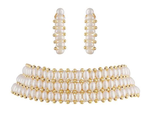 HYDERABAD JEWELS Hyderabad Jewels Real Natural Fresh Water Oval Pearls Choker Set For Women Girls With Certificate (TRIPLE LINE), Off-White (CKR267)