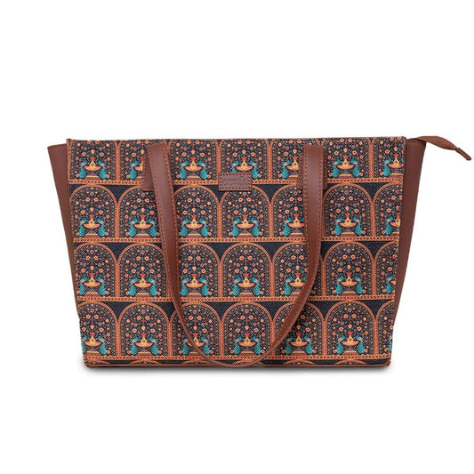 ZOUK Royal Indian Peacock Motif Printed Jute Handcrafted Vegan Leather Women's Multicolor Structured Tote Bag