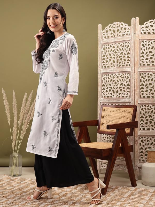 Ada Hand Embroidered Lucknow Chikankari White Cotton Kurta Kurti for Women A411557 (M)