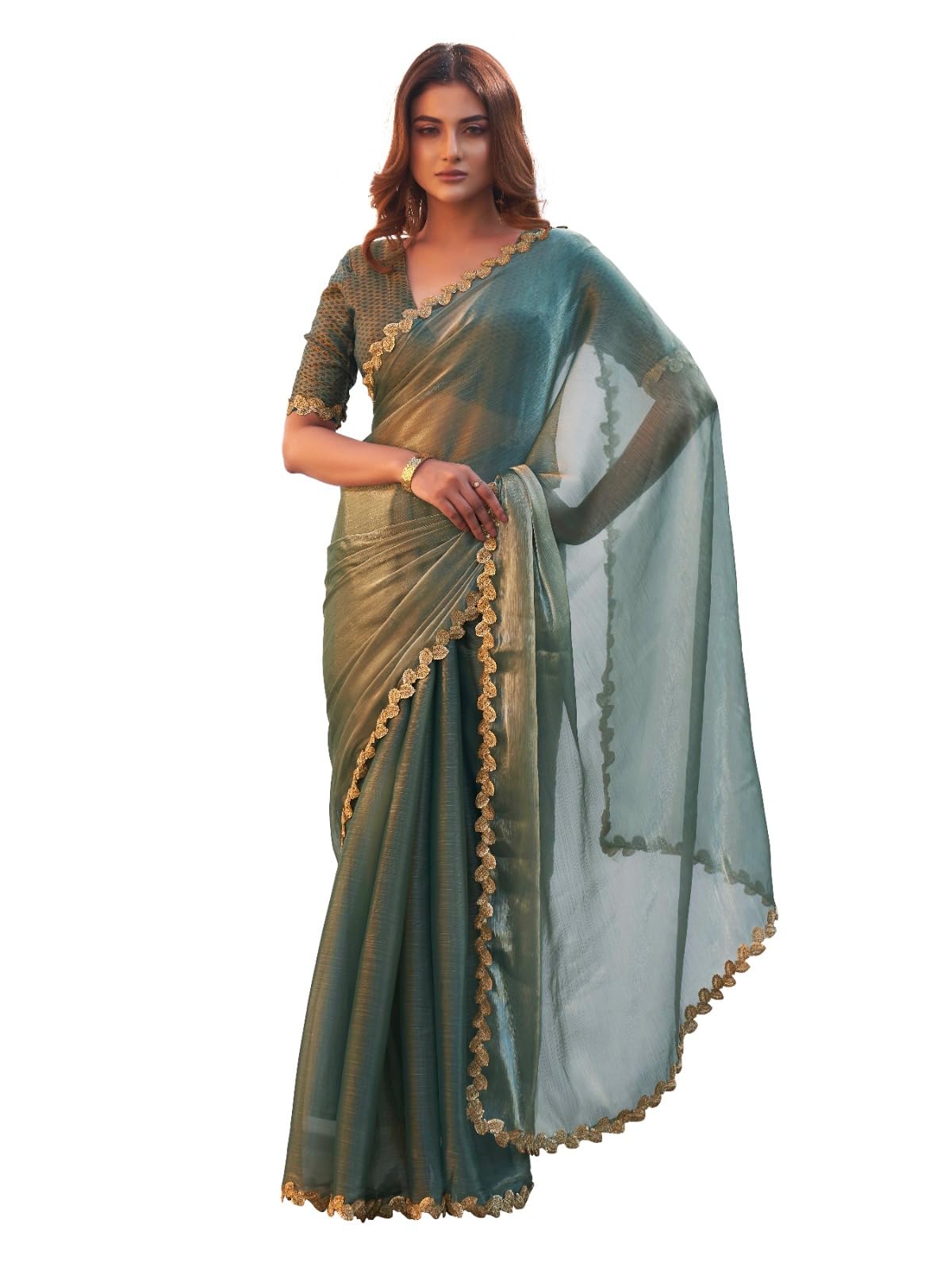 Womanista Women's Two toned jimmy choo saree with brocade blouse and embroidered lace(TI6867_olive green_Onesize)