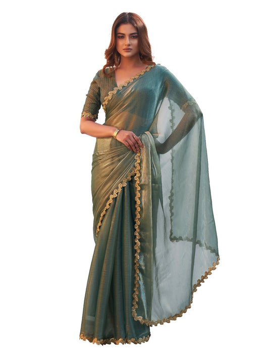 Womanista Women's Two toned jimmy choo saree with brocade blouse and embroidered lace(TI6867_olive green_Onesize)