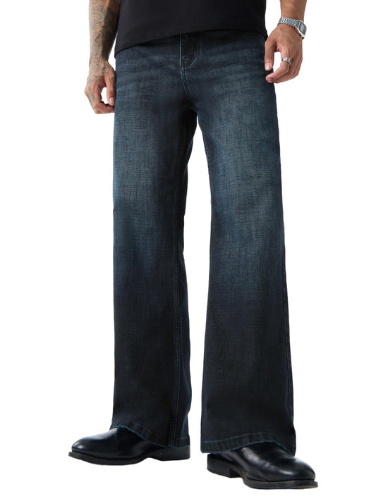 The Souled Store Bootcut Denim: Indigo Blue Men and Boys Zip Fly Indigo Blue Vintage Fade Washed Cotton Blend Bootcut Fit Lightweight Everyday All-Season Comfort Stretch Denim Jeans