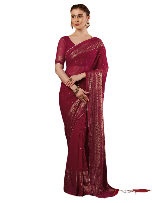 SAMAH Women's Georgette Foil Printed Lace Work Saree with Unstitched Blouse Piece (4402S3153N_Rani Pink)