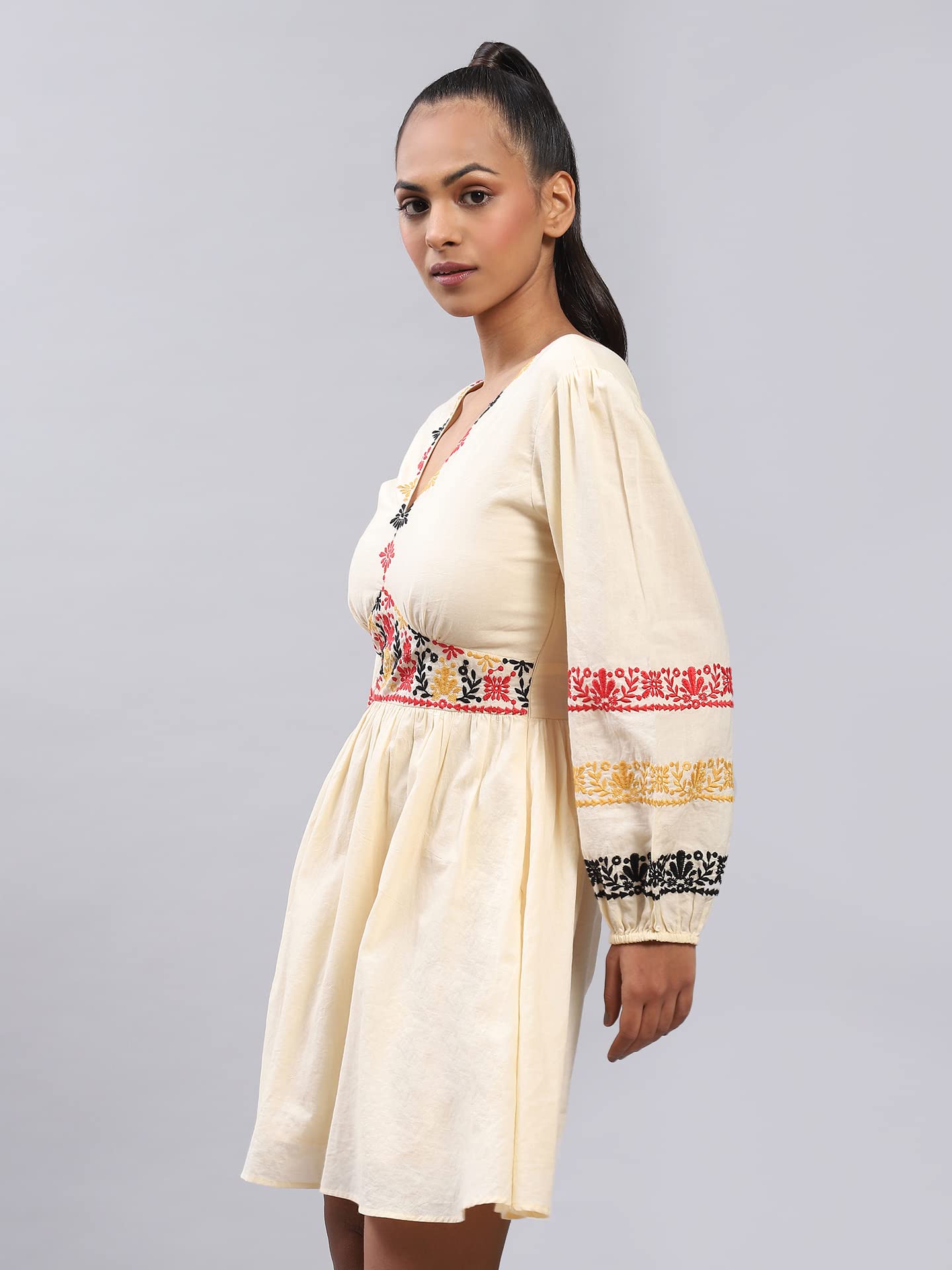 Label RITU KUMAR Women Cotton V Neck Full Sleeve Embroidered Short Casual Dress White