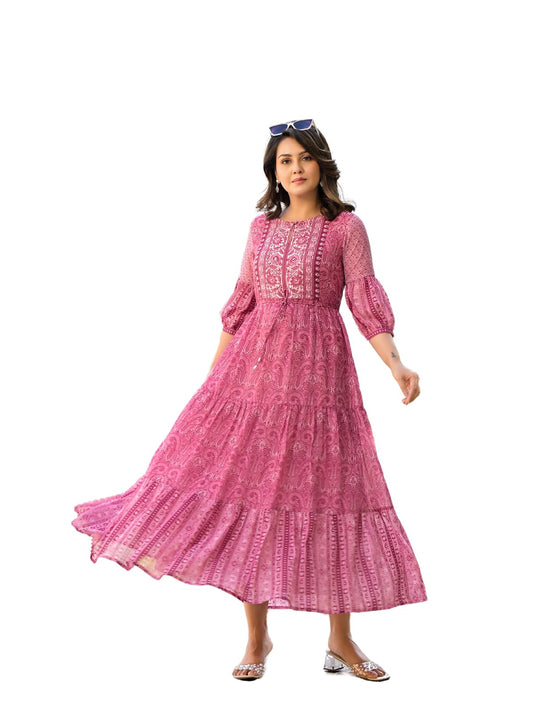 Juniper Onion Pink Ethnic Motif Printed Georgette Gathers Maxi Dress with Sequins & Doris