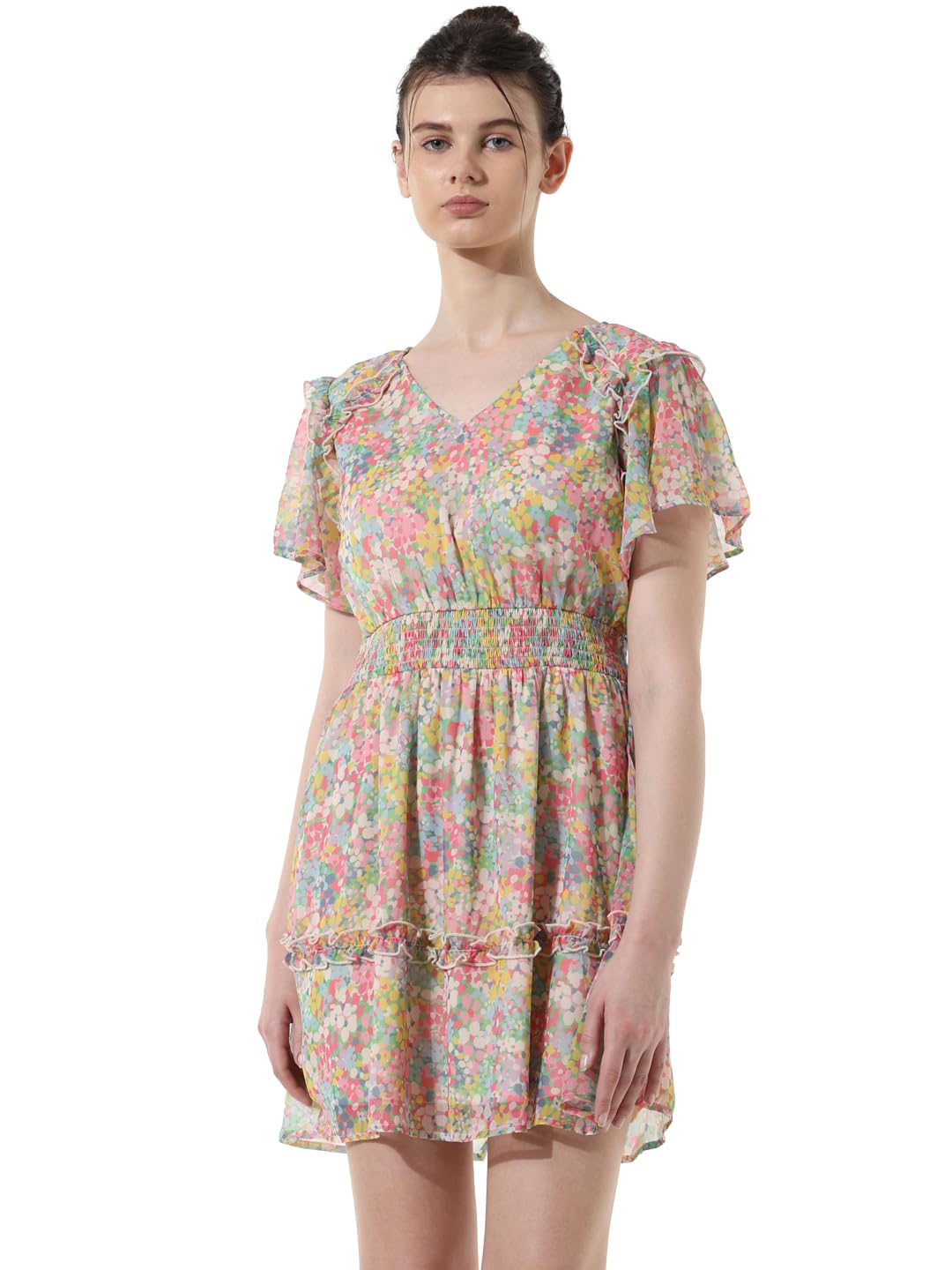 ONLY Women Printed Polyester Above Knee Multicolor Tiered Dress